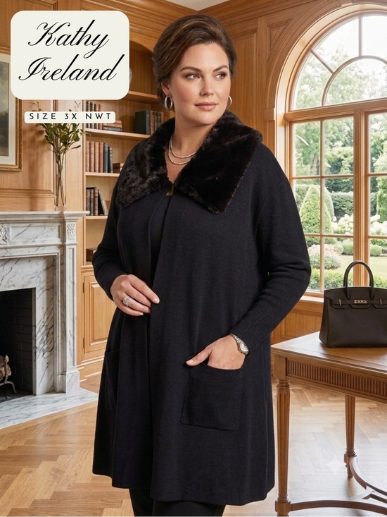 kathy ireland Sweaters - NWT KATHY IRELAND Women's 3X Black Removable Faux Fur Collar Sweater Cardigan